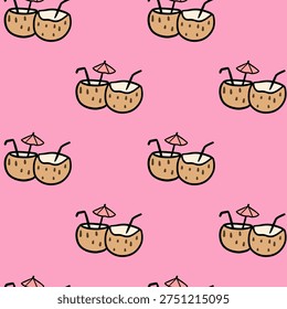 Cute Coconut Drink Seamless Pattern with Tropical Cocktails