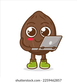 cute coconut fruit business or character holding laptop. cute coconut fruit Concept White Isolated.