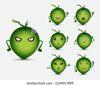 Cute coconut fruit character design icon with many different expression. Collection of realistic coconut fruit design icon