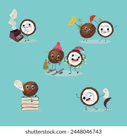 Cute coconut fruit characters set, collection. Flat vector illustration. Activities, playing musical instruments, sports, funny fruits.