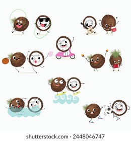 Cute coconut fruit characters set, collection. Flat vector illustration. Activities, playing musical instruments, sports, funny fruits.