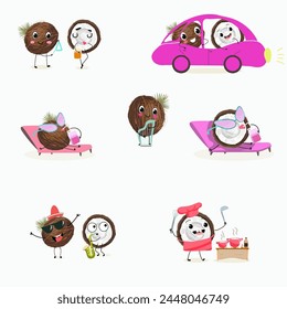 Conjunto de personajes lindos de fruta de coco, colección. Ilustración vectorial plana. Actividades, tocar instrumentos musicales, deportes, frutas divertidas.