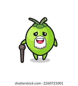 cute coconut grandpa is holding a stick