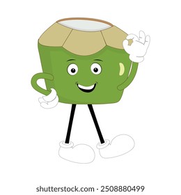 Cute coconut mascot cartoon posing. Vector illustration, Happy Coconut Character Summer Design with a straw, a slice of lemon and a small umbrella, while others gave a thumbs up