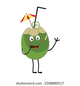 Cute coconut mascot cartoon posing. Vector illustration, Happy Coconut Character Summer Design with a straw, a slice of lemon and a small umbrella, while others gave a thumbs up