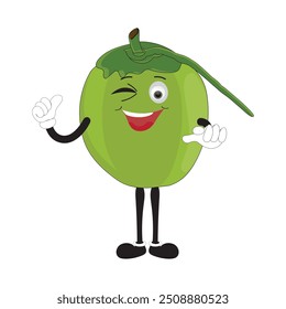 Cute coconut mascot cartoon posing. Vector illustration, Happy Coconut Character Summer Design with a straw, a slice of lemon and a small umbrella, while others gave a thumbs up