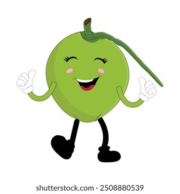 Cute coconut mascot cartoon posing. Vector illustration, Happy Coconut Character Summer Design with a straw, a slice of lemon and a small umbrella, while others gave a thumbs up