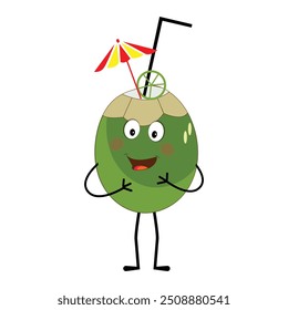 Cute coconut mascot cartoon posing. Vector illustration, Happy Coconut Character Summer Design with a straw, a slice of lemon and a small umbrella, while others gave a thumbs up