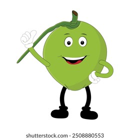 Linda mascota de coco posando de dibujos animados. Ilustración vectorial, diseño feliz del verano del carácter del coco con una pajita, una rodaja de limón y un paraguas Pequeño, mientras que otros dieron un pulgar para arriba