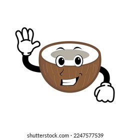 Cute coconut mascot character. Doodle vintage style illustration concept