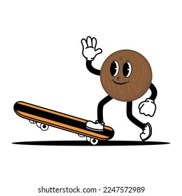Cute coconut mascot character playing skateboard. Doodle vintage style illustration concept