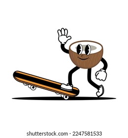 Cute coconut mascot character playing skateboard. Doodle vintage style illustration concept