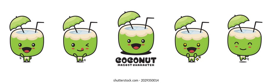 cute coconut mascot, natural drink cartoon illustration, with different facial expressions and poses, isolated on white background