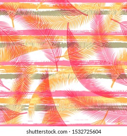 Cute coconut palm leaves tree branches overlapping stripes vector seamless pattern. South african forest foliage beach fashion fabric print. Tropical leaves silhouettes wallpaper.
