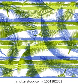 Cute coconut palm leaves tree branches overlapping stripes vector seamless pattern. Bali forest foliage summer fashion print. Tropical leaves silhouettes wallpaper.