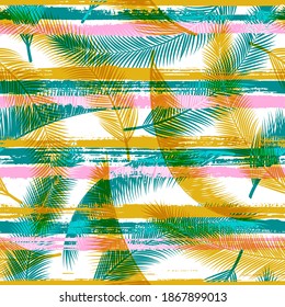 Cute coconut palm leaves tree branches overlaying stripes vector seamless pattern. Hawaiian exotic foliage swimwear textile print. Tropical leaves and stripes seamless.