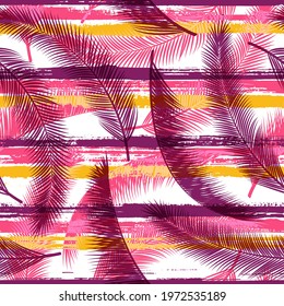 Cute coconut palm leaves tree branches overlapping stripes vector seamless pattern. Hawaiian forest foliage clothing fabric print. Stripes and tropical leaves illustration.