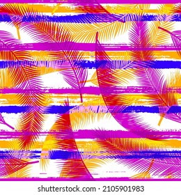 Cute coconut palm leaves tree branches overlapping stripes vector seamless pattern. Madagascar exotic foliage swimwear textile print. Geometric floral tropical leaves seamless.