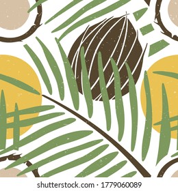 Cute coconut seamless pattern. Ripe coconut and and palm leaves on white background. Vector shabby hand drawn illustration