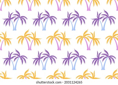 Cute coconut tropical palm tree seamless pattern summer holiday vector wallpaper. Exotic leaves tropical silhouettes background. Miami nature palm tree seamless pattern. Paradise garden.