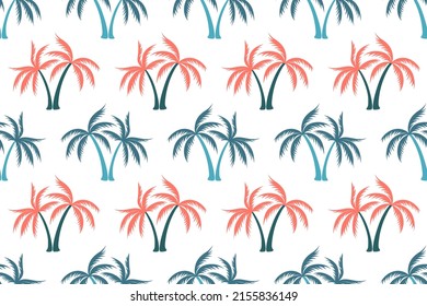 Cute coconut tropical palm tree seamless pattern summer holiday vector illustration. Exotic leaves tropical silhouettes background. Island nature palm tree seamless rapport. Summer design.