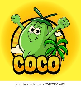 Cute Coconut Tropical Summer Vibes Cartoon Character in Retro Vintage Style