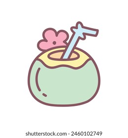 Cute coconut water icon. Hand drawn illustration of a young green coconut with straw isolated on a white background. Kawaii sticker. Vector 10 EPS.