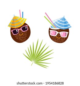 Cocos en gafas de sol y hojas de palma. Personajes de caricatura de verano. Ilustración vectorial en blanco. Perfecto como elemento de diseño para fiestas tropicales, invitaciones, pegatinas y más.