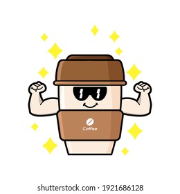 cute coffe cup cartoon mascot character funny expression showing muscle vector design