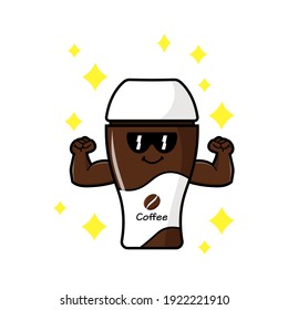 cute coffe cup cartoon mascot character funny expression showing muscle vector design