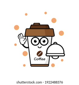 cute coffe cup cartoon mascot character funny expression holding food cover vector design
