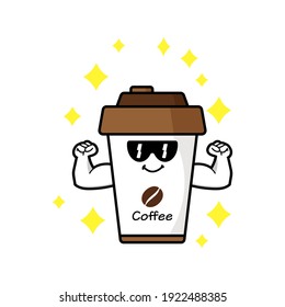 cute coffe cup cartoon mascot character funny expression showing muscle vector design