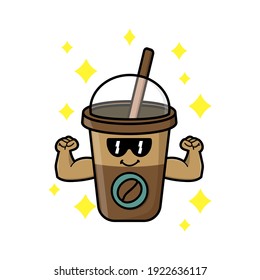 cute coffe cup cartoon mascot character funny expression showing muscle vector design