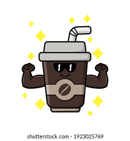 cute coffe cup cartoon mascot character funny expression showing muscle vector design