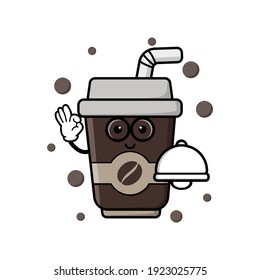 cute coffe cup cartoon mascot character funny expression holding food cover vector design