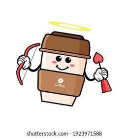 cute coffe cup cartoon mascot character funny expression holding love arrow