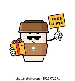 cute coffe cup cartoon mascot character funny expression holding gifts box