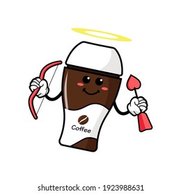 cute coffe cup cartoon mascot character funny expression holding love arrow