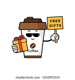 cute coffe cup cartoon mascot character funny expression holding gifts box