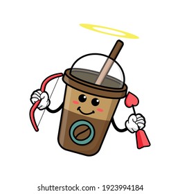 cute coffe cup cartoon mascot character with funny expression holding heart arrow
