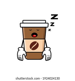 cute coffe cup cartoon mascot character funny expression tired and sleeping