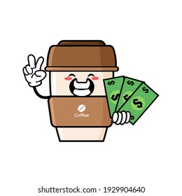 cute coffe cup cartoon mascot character funny expression holding money with peace gesture
