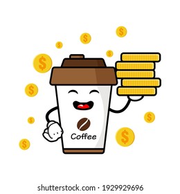 cute coffe cup cartoon mascot character funny expression holding coin pile