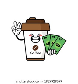 cute coffe cup cartoon mascot character funny expression holding money with peace gesture