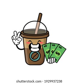 cute coffe cup cartoon mascot character with funny expression holding money with peace gesture