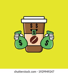cute coffe cup cartoon mascot character funny expression with money eye and holding money pouch