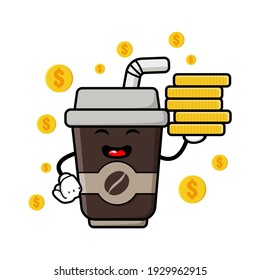 cute coffe cup cartoon mascot character funny expression holding coin pile