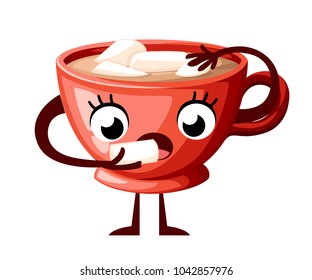 Cute coffe cup character design. Cartoon style cup eat marshmallow. Mascot red cup. Vector illustration isolated on white background. Web site page and mobile app design