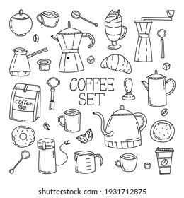 Cute Coffee Coffee Accessories Doodle Set. Vector Line Hand Draw Illustrations For Coffee Shop.