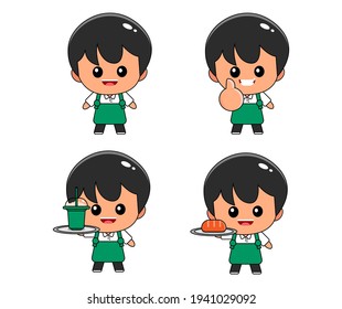 cute coffee barista boy wearing apron cartoon character set.  Vector illustrations